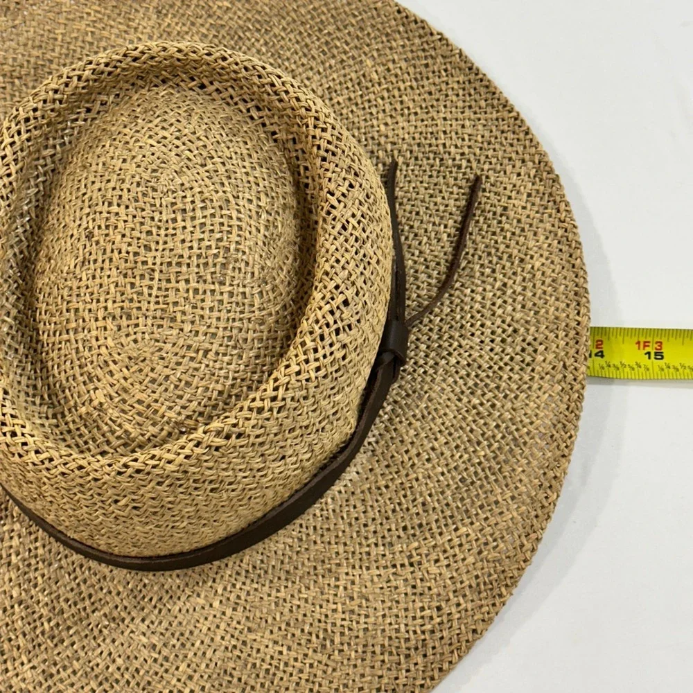 Stetson Straw Sun Hat Women Tan Wide Brim Boater Fedora Leather Band Summer